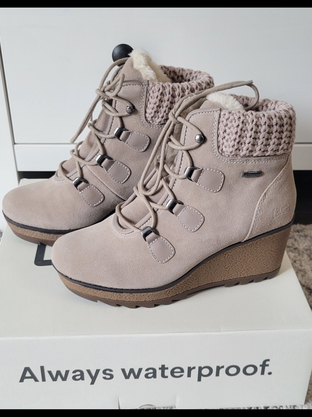 Cougar Taupe Knit-Collar Wedge Ankle Boots